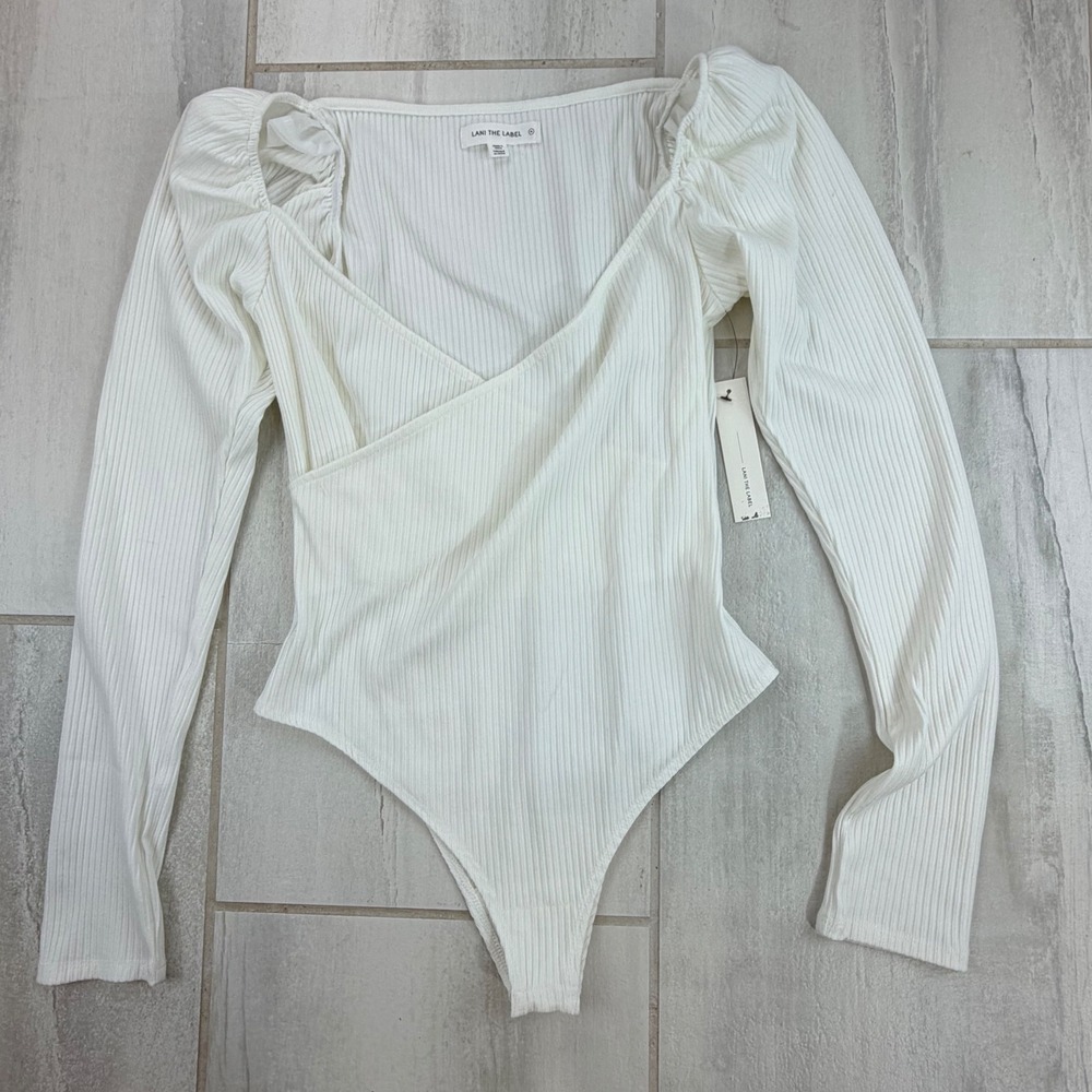 Lani The Label White Ribbed Long Sleeve Surplice Wrap Bodice Bodysuit Medium NWT
